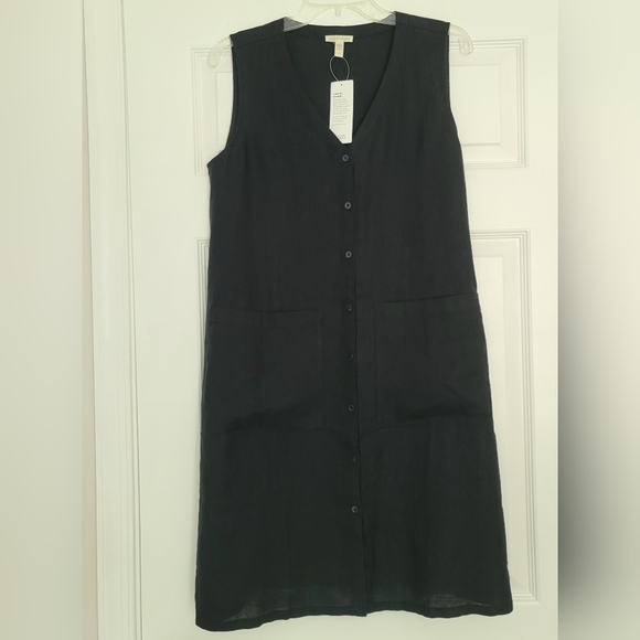 NWT EILEEN FISHER Black Linen Sleeveless Button Front Long Tunic, Size S/P - Picture 3 of 10